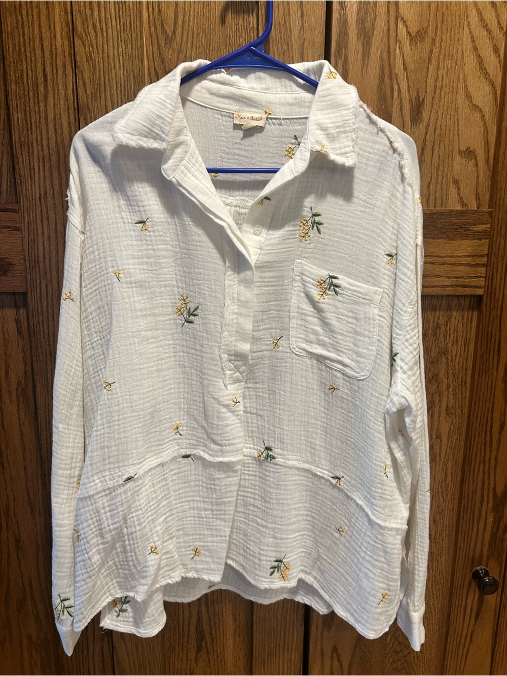 Hem & Thread White Pullover Top with Yellow Floral Embroidery